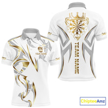 Load image into Gallery viewer, White and gold dartboard crown darts polo shirt for men with custom darts team graphics.