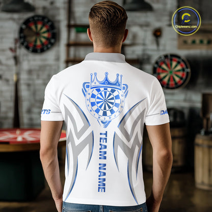 Back view of man wearing a white and blue dartboard crown darts shirt.