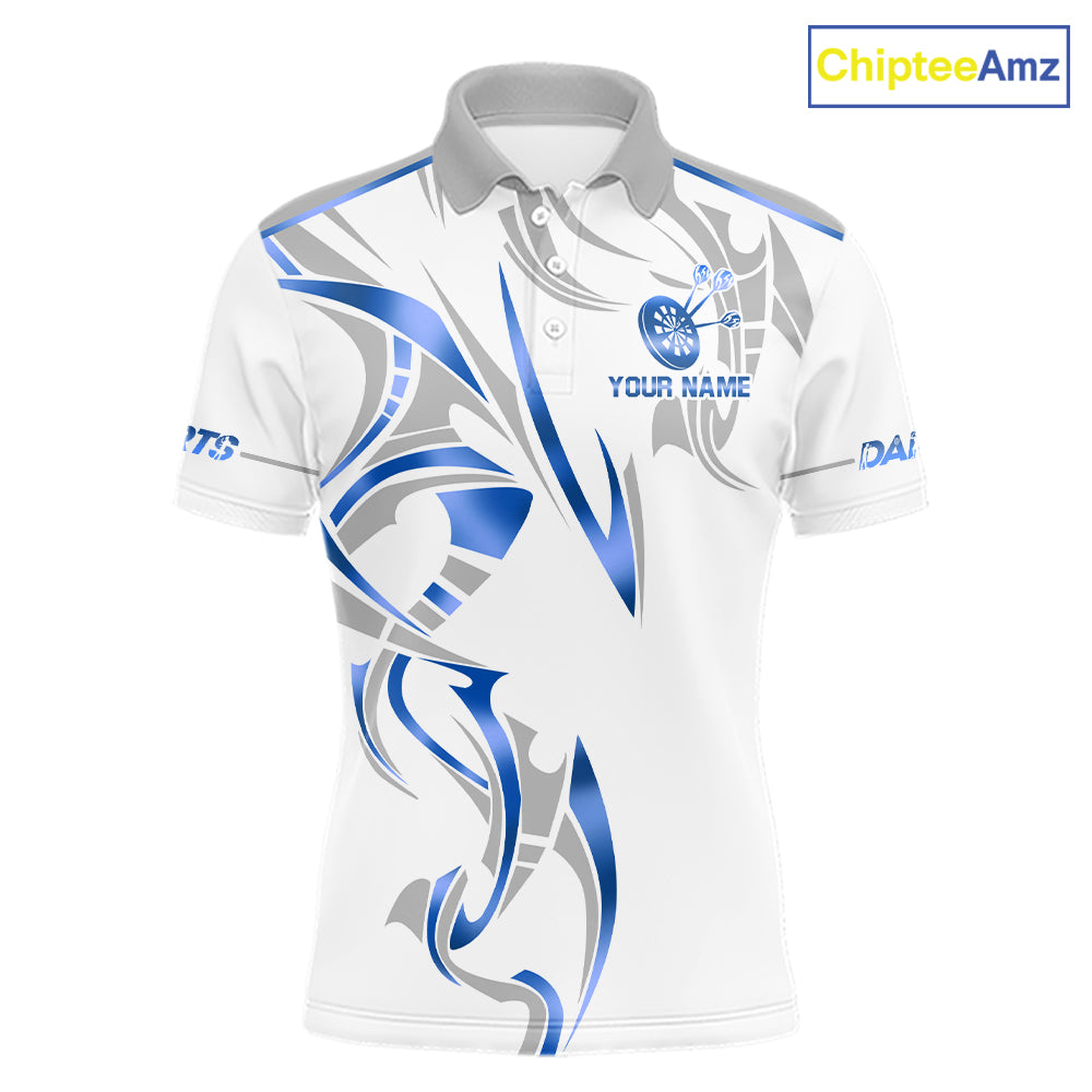 White and blue dartboard crown darts polo shirt for men with custom darts team graphics.