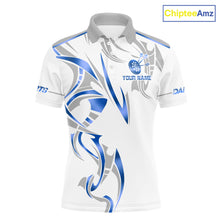 Load image into Gallery viewer, White and blue dartboard crown darts polo shirt for men with custom darts team graphics.