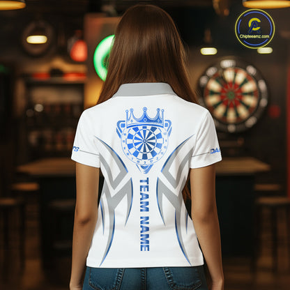Back view of woman wearing a white and blue dartboard crown darts shirt.