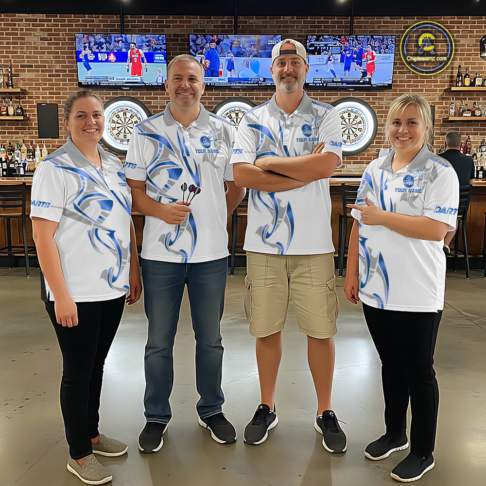 Darts team wearing matching white and blue dartboard crown darts jerseys during league competition front view.