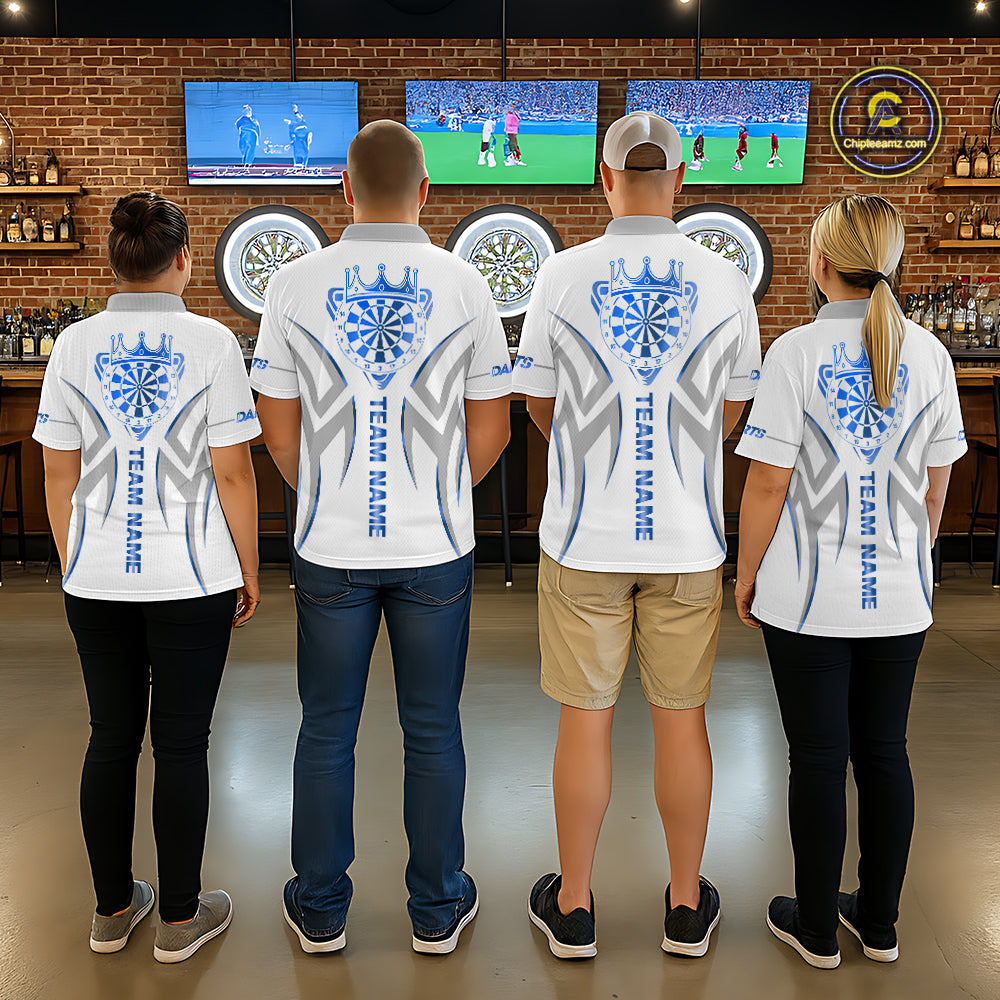 Back view of darts players wearing matching white and blue dartboard crown darts shirts.