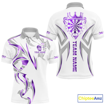 White and purple dartboard crown darts polo shirt for men with custom darts team graphics.