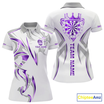 White and purple dartboard crown darts polo shirt for women with custom darts team graphics.