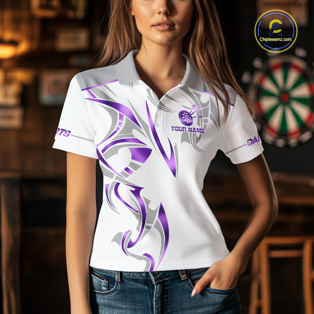 Woman wearing a white and purple dartboard crown darts jersey front view.