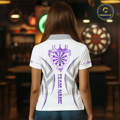 Back view of woman wearing a white and purple dartboard crown darts shirt.
