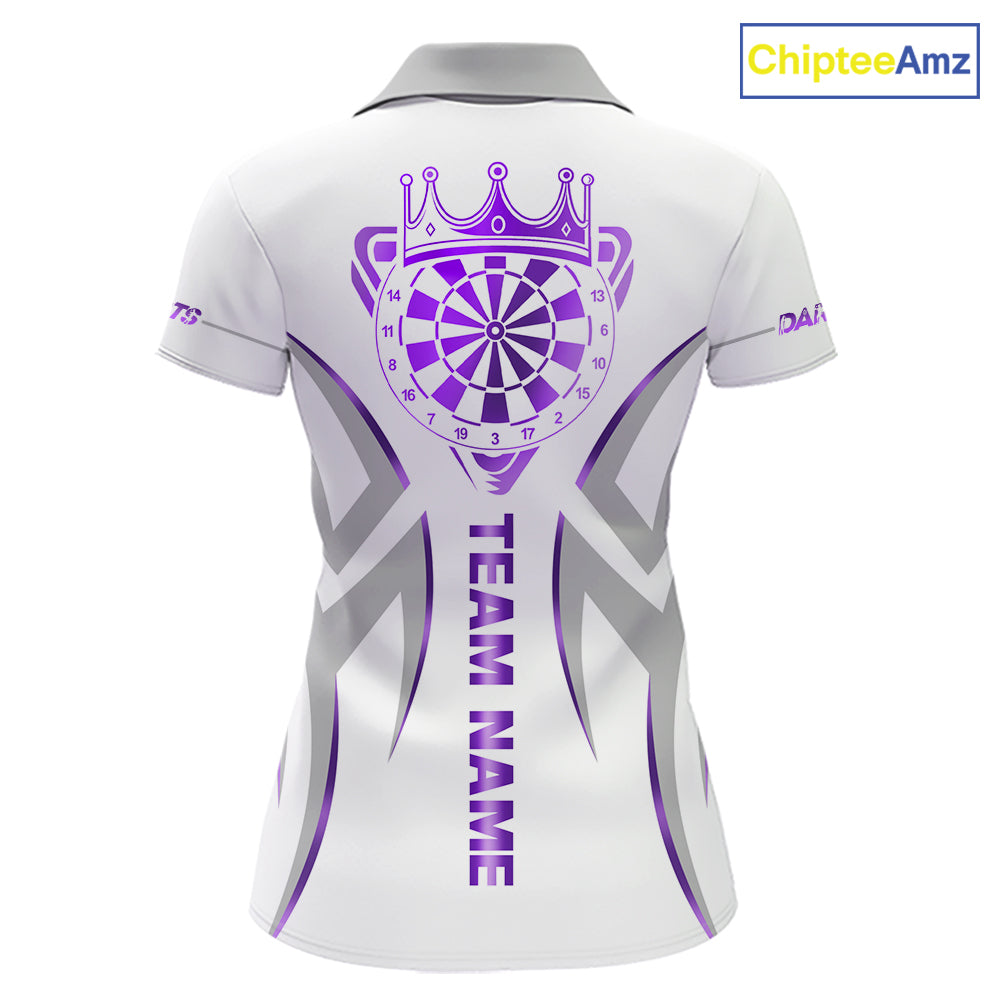 White and purple dartboard crown darts polo shirt for women with custom darts team graphics.