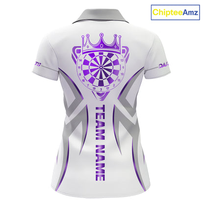 White and purple dartboard crown darts polo shirt for women with custom darts team graphics.