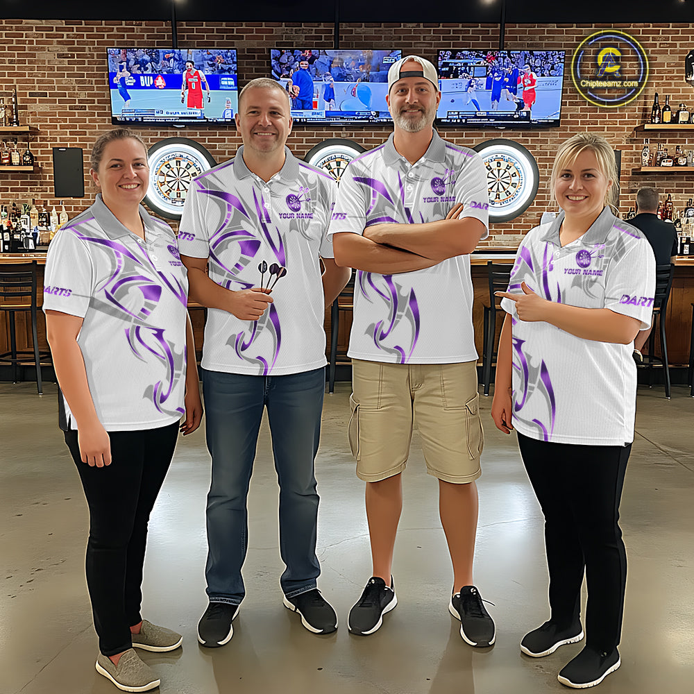 Darts team wearing matching white and purple dartboard crown darts jerseys during league competition front view.