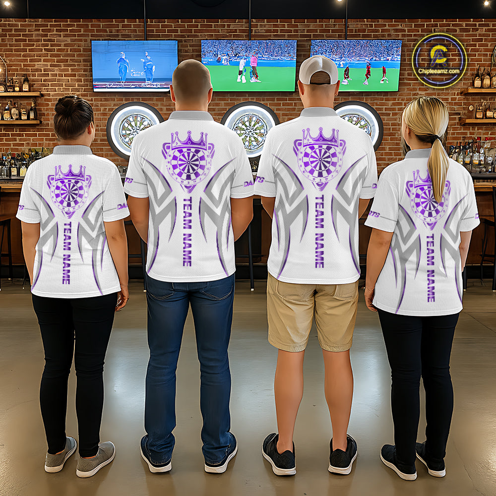 Back view of darts players wearing matching white and purple dartboard crown darts shirts.