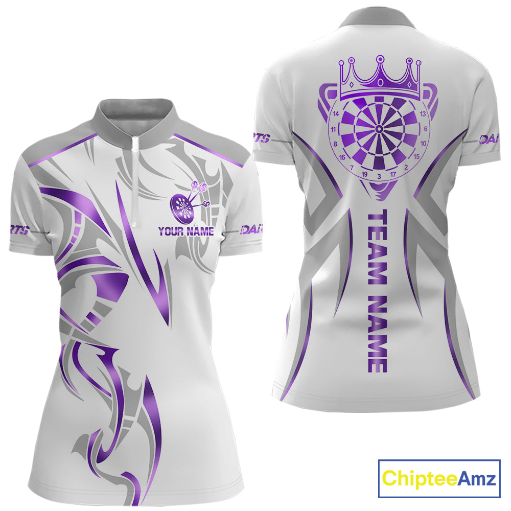 White and purple dartboard crown darts quarter zip shirt for women designed for league tournaments and team events.