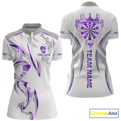 White and purple dartboard crown darts quarter zip shirt for women designed for league tournaments and team events.