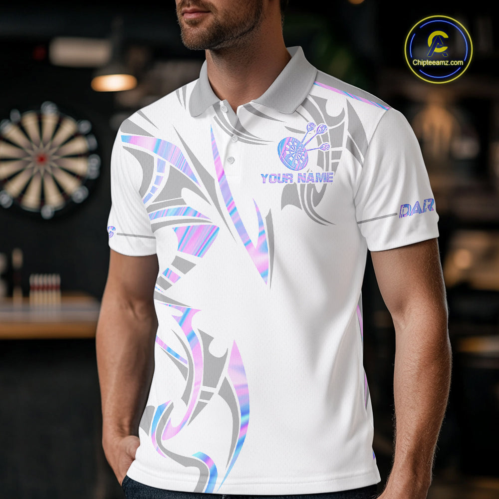 Man wearing a white and holographic dartboard crown darts jersey front view.
