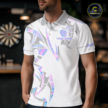 Man wearing a white and holographic dartboard crown darts jersey front view.
