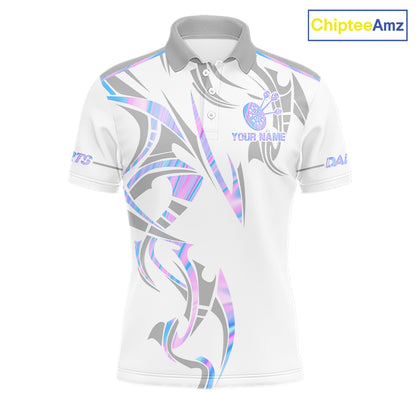 White and holographic dartboard crown darts polo shirt for men with custom darts team graphics.