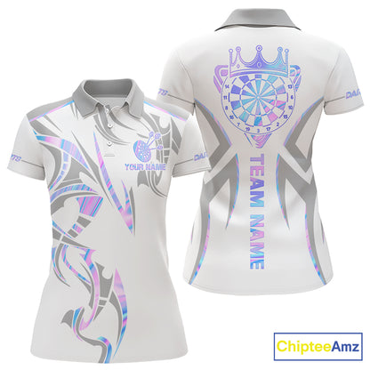 White and holographic dartboard crown darts polo shirt for women with custom darts team graphics.