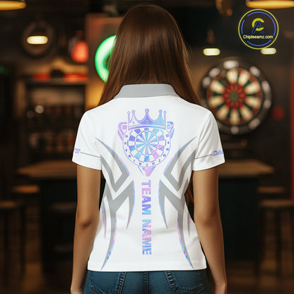 Back view of woman wearing a white and holographic dartboard crown darts shirt.