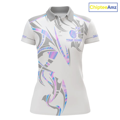 White and holographic dartboard crown darts polo shirt for women with custom darts team graphics.