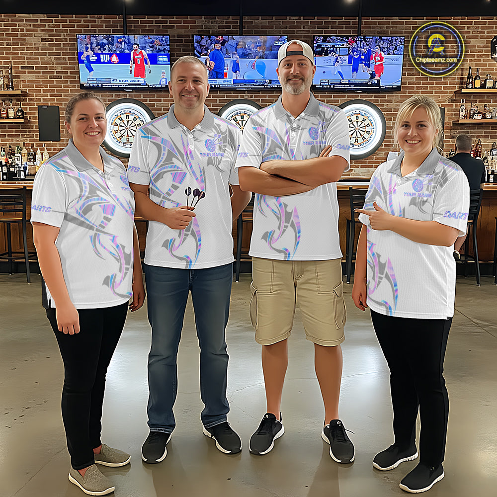 Darts team wearing matching white and holographic dartboard crown darts jerseys during league competition front view.