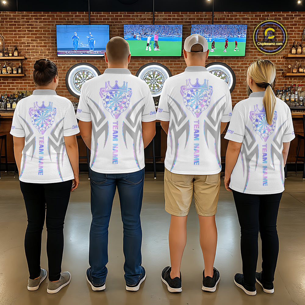 Back view of darts players wearing matching white and holographic dartboard crown darts shirts.