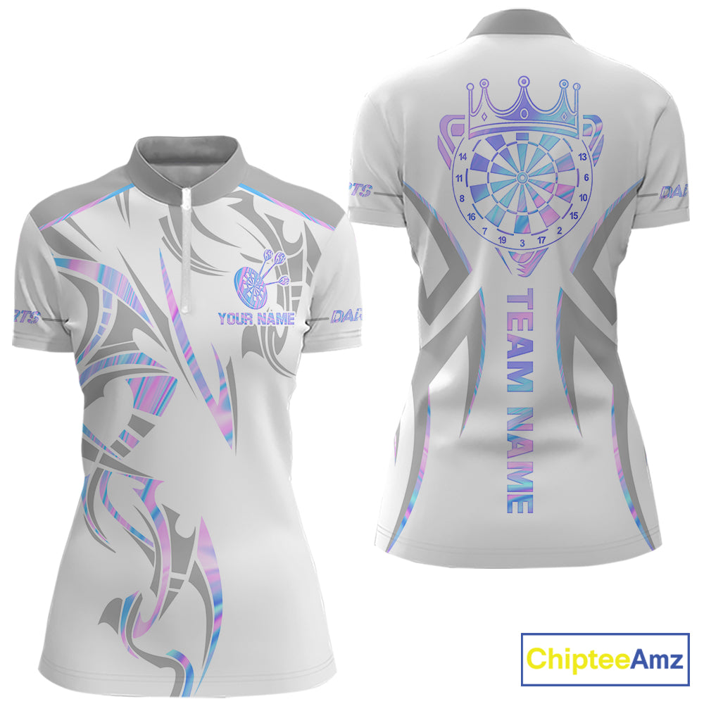 White and holographic dartboard crown darts quarter zip shirt for women designed for league tournaments and team events.