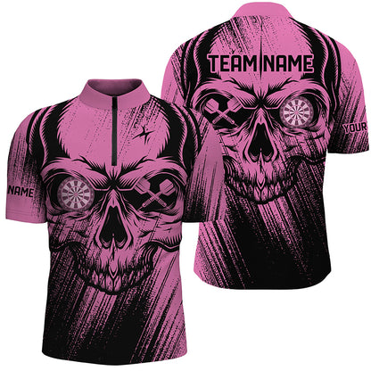 Personalized Pink Grunge Skull Darts Polo & Quarter-Zip Shirt For Men Custom Cool Darts Team Jersey TDM2531