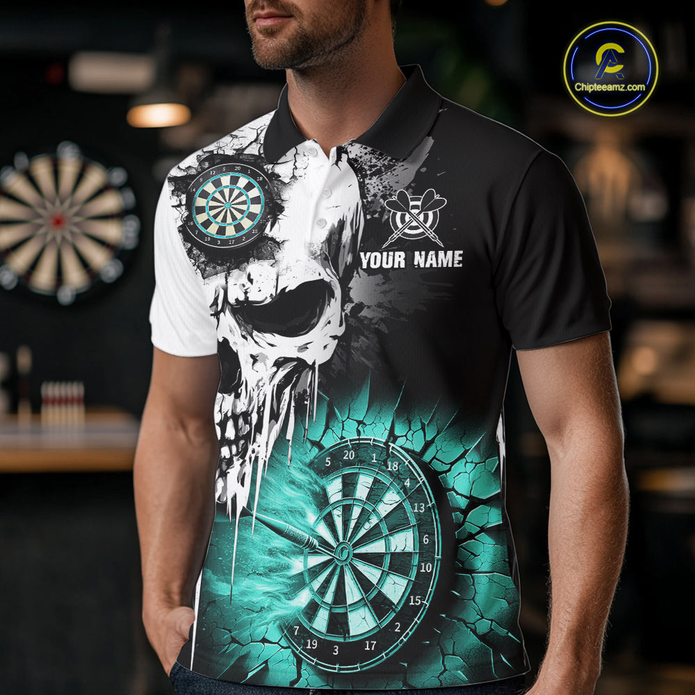 Personalized Grunge Skull Crack Wall Men Dart Shirts Custom Darts League Team Jerseys |Turquoise TDM2784