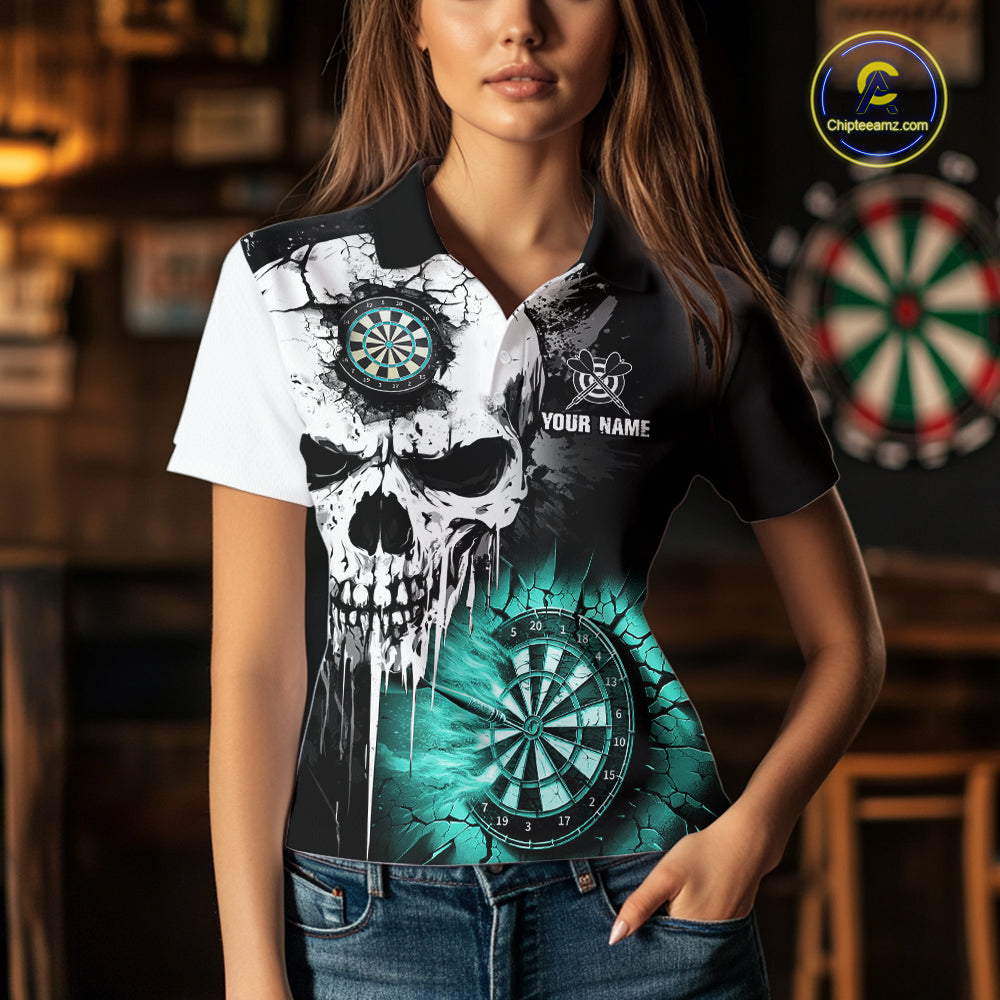 Personalized Grunge Skull Crack Wall Women Dart Shirts Custom Darts League Team Jerseys |Turquoise TDM2784