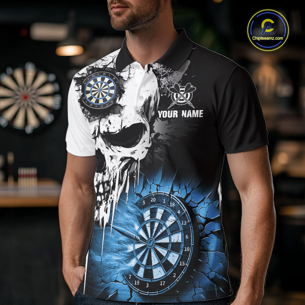 Personalized Grunge Skull Crack Wall Men Dart Shirts Custom Scary Darts League Team Jerseys |Blue TDM2785