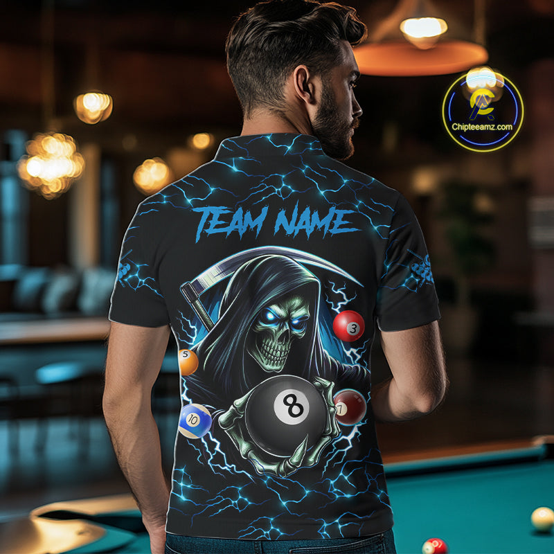 Blue Funny Grim Reaper 8 Ball Pool Men Billiard Shirts Custom Billiard Jersey Team Polo & 1/4 Zip TDM5240