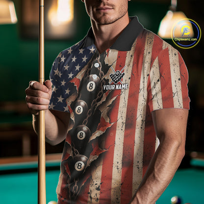 Vintage American Flag Chain 8 Ball Pool Billiard Shirt For Men Custom Patriotic Billiard Jerseys TDM5244