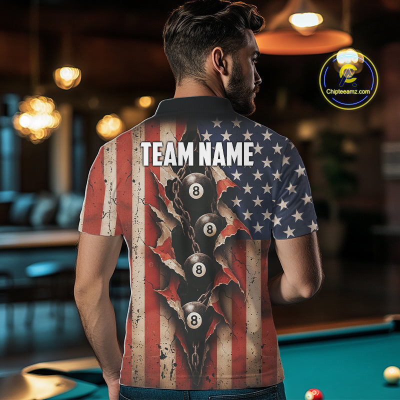 Vintage American Flag Chain 8 Ball Pool Billiard Shirt For Men Custom Patriotic Billiard Jerseys TDM5244