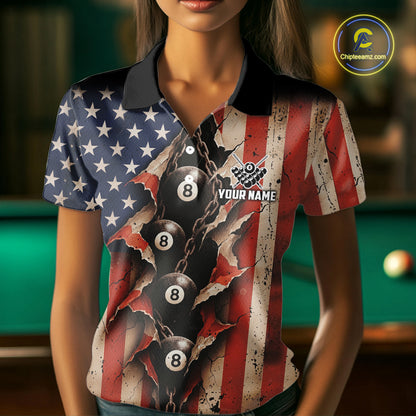Vintage American Flag Chain 8 Ball Pool Billiard Shirt For Women Custom Patriotic Billiard Jerseys TDM5244