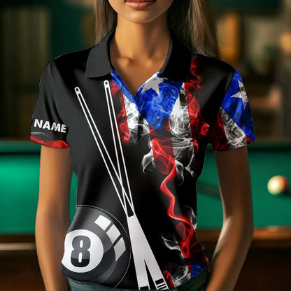 Smoke Puerto Rico US Flag Custom Billiard Shirt For Women, Patriotic 8 Ball Pool Team Jersey TDM3450