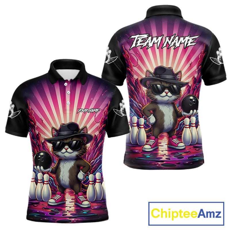 Pink Funny Cat Bowling Jersey For Men Custom Neon Graffiti Bowling Shirt Team Polo & 1/4 Zip TDM5756