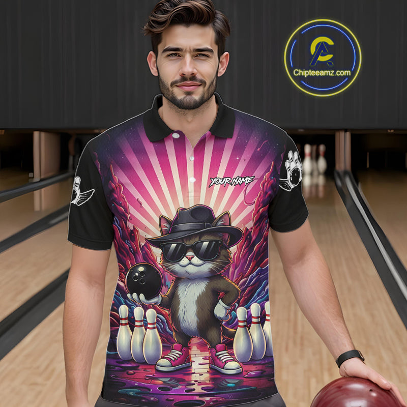 Pink Funny Cat Bowling Jersey For Men Custom Neon Graffiti Bowling Shirt Team Polo & 1/4 Zip TDM5756