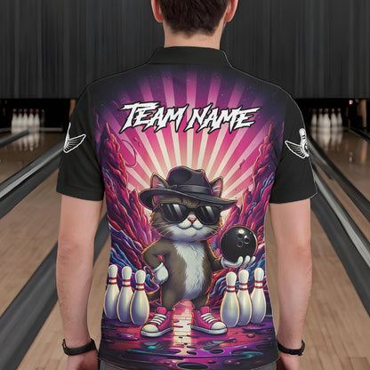 Pink Funny Cat Bowling Jersey For Men Custom Neon Graffiti Bowling Shirt Team Polo & 1/4 Zip TDM5756