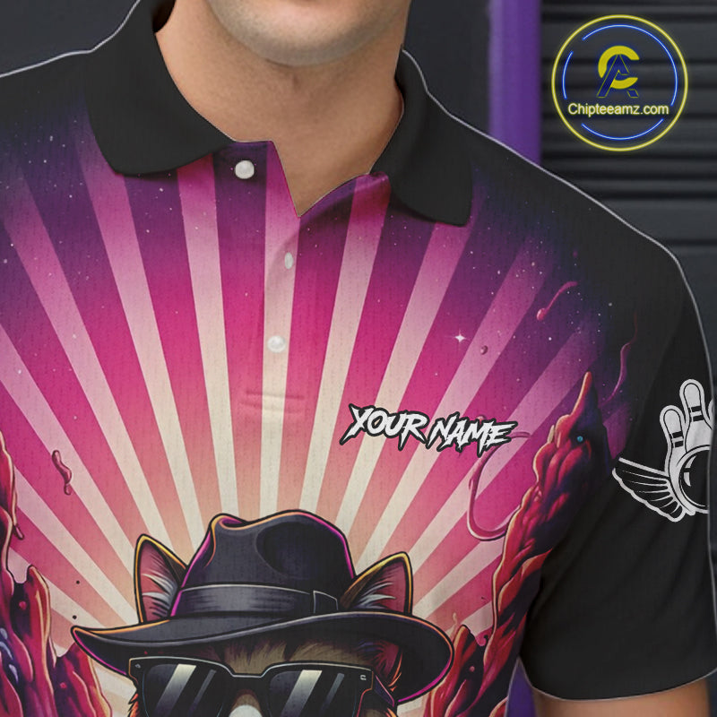 Pink Funny Cat Bowling Jersey For Men Custom Neon Graffiti Bowling Shirt Team Polo & 1/4 Zip TDM5756