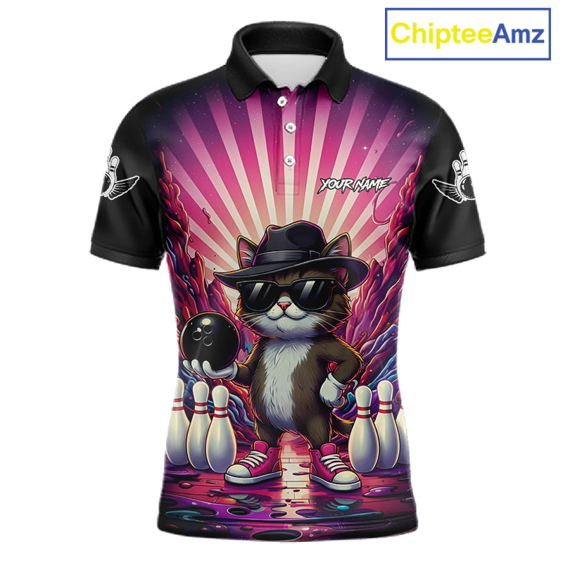 Pink Funny Cat Bowling Jersey For Men Custom Neon Graffiti Bowling Shirt Team Polo & 1/4 Zip TDM5756