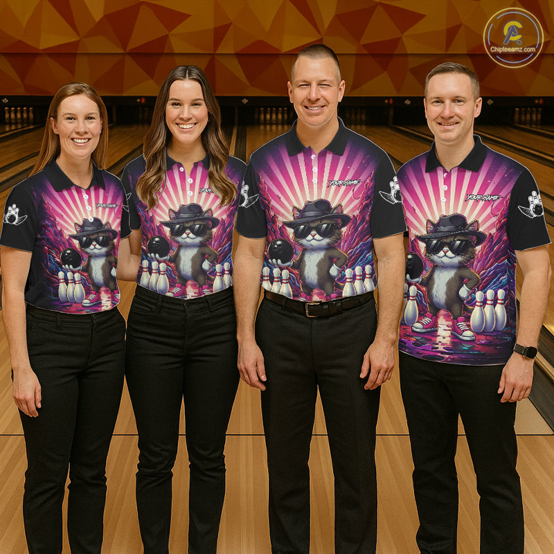 Pink Funny Cat Bowling Jersey For Men Custom Neon Graffiti Bowling Shirt Team Polo & 1/4 Zip TDM5756