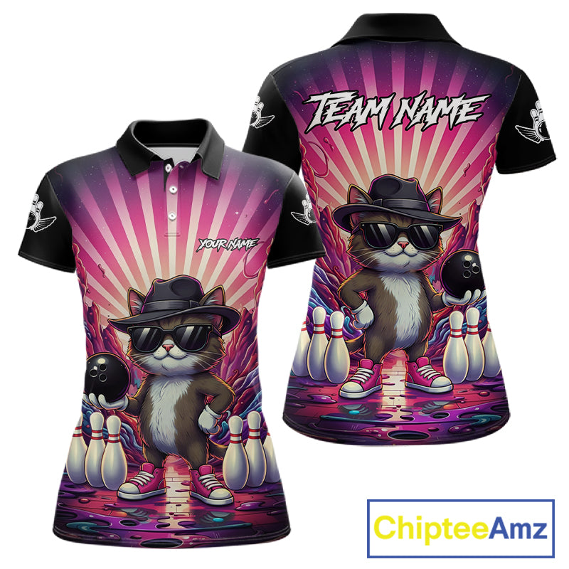 Pink Funny Cat Bowling Jersey For Women Custom Neon Graffiti Bowling Shirt Team Polo & 1/4 Zip TDM5756