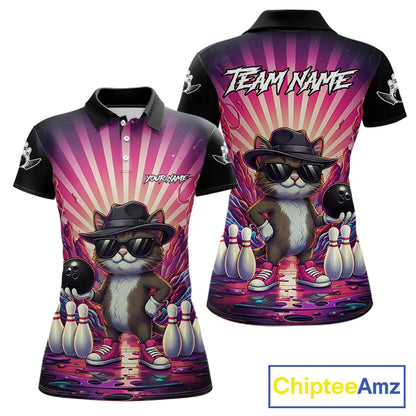 Pink Funny Cat Bowling Jersey For Women Custom Neon Graffiti Bowling Shirt Team Polo & 1/4 Zip TDM5756