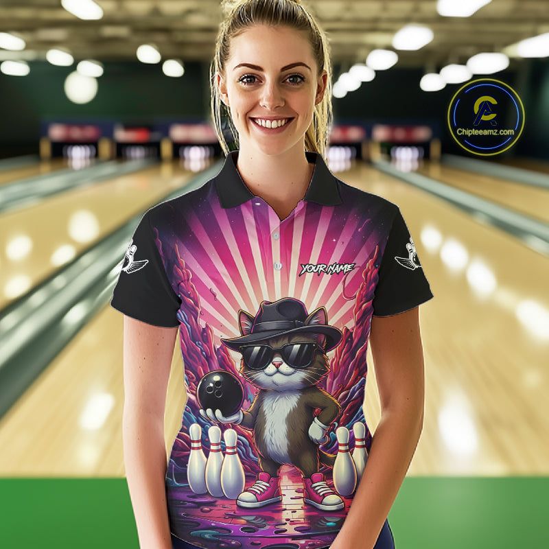 Pink Funny Cat Bowling Jersey For Women Custom Neon Graffiti Bowling Shirt Team Polo & 1/4 Zip TDM5756