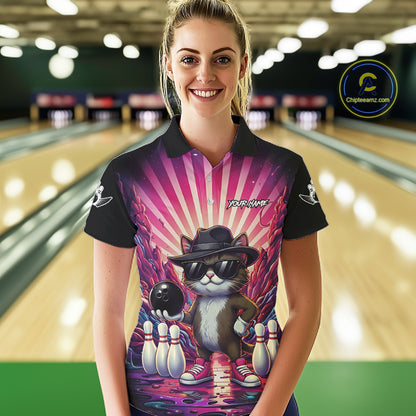 Pink Funny Cat Bowling Jersey For Women Custom Neon Graffiti Bowling Shirt Team Polo & 1/4 Zip TDM5756