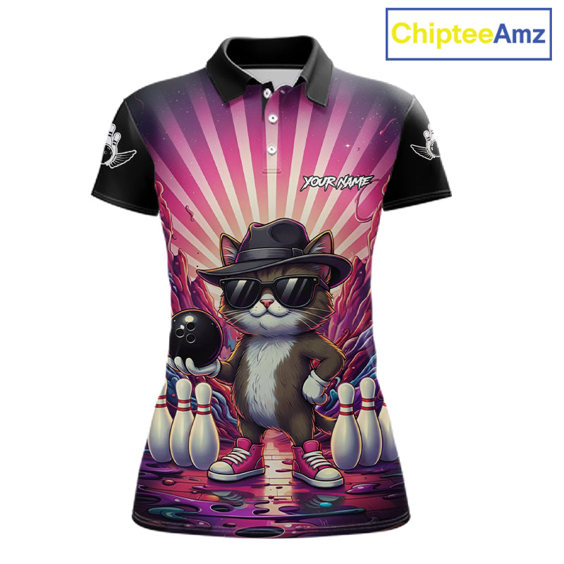 Pink Funny Cat Bowling Jersey For Women Custom Neon Graffiti Bowling Shirt Team Polo & 1/4 Zip TDM5756