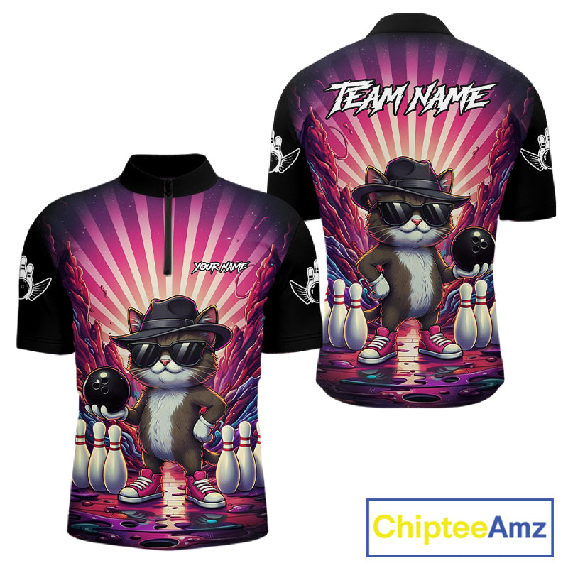 Pink Funny Cat Bowling Jersey For Men Custom Neon Graffiti Bowling Shirt Team Polo & 1/4 Zip TDM5756