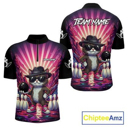 Pink Funny Cat Bowling Jersey For Men Custom Neon Graffiti Bowling Shirt Team Polo & 1/4 Zip TDM5756