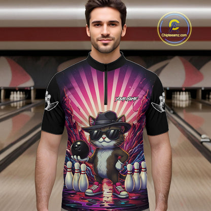 Pink Funny Cat Bowling Jersey For Men Custom Neon Graffiti Bowling Shirt Team Polo & 1/4 Zip TDM5756