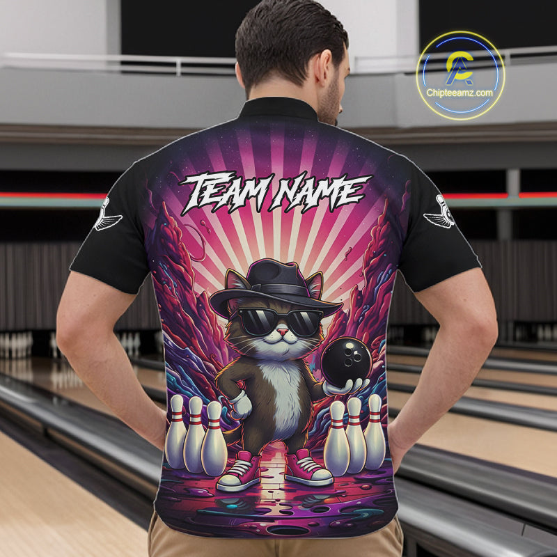 Pink Funny Cat Bowling Jersey For Men Custom Neon Graffiti Bowling Shirt Team Polo & 1/4 Zip TDM5756